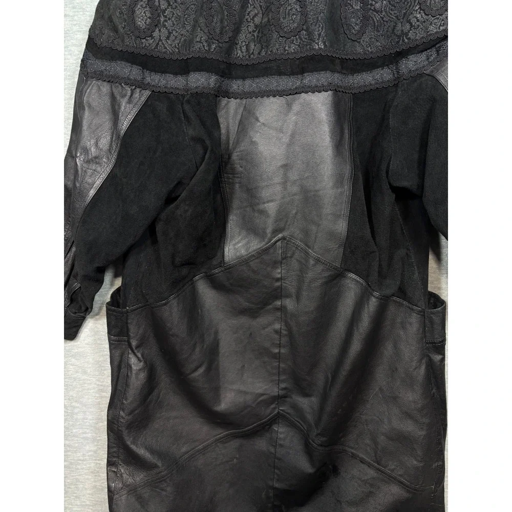 Vtg G-III Black Leather Coat‎ Womens M Suede Paisley Trench Duster Jacket